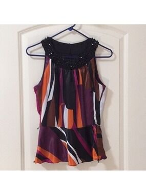 J.B.S. Satin Sleeveless Peplum Top with Beaded Neckline Small